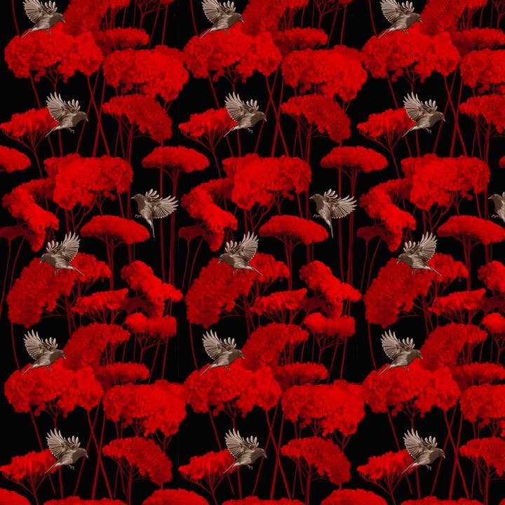 Daria Petrilli - Wholesale Wallpaper - BIRD ON RED ACHILLEA FLOWE - WALLPAPER 1