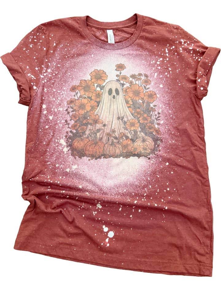 Fall Floral + Pumpkin Ghost Halloween Bleached Tee for wholesale by Pick Your Poison Tees LLC (Formerly Wandering Owl Designs)
