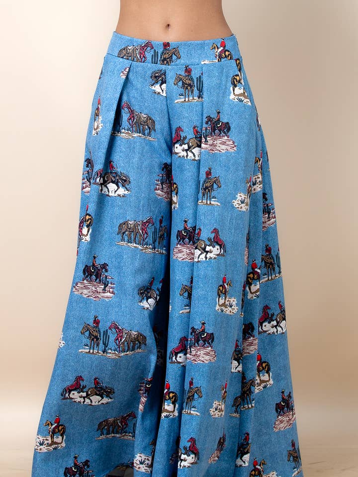 P919-5220-Western Friend Ranch Print Wide Leg Palazzo Pants for wholesale by Nylon Apparel