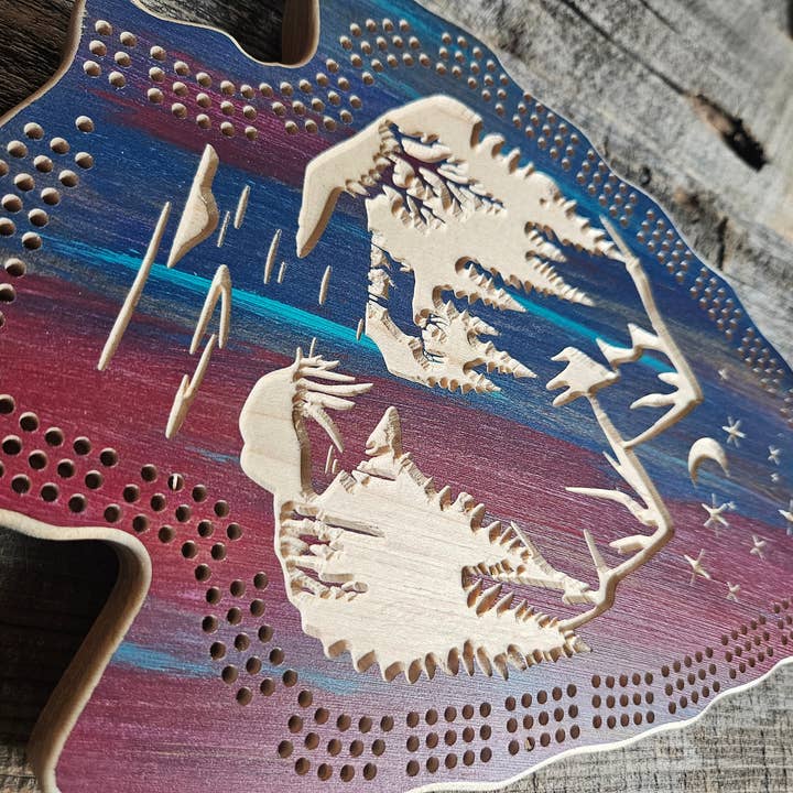 Knotty Pine Woodworks - Wholesale Board Game - Arrowhead cribbage board- Moonlight Mountain Scene