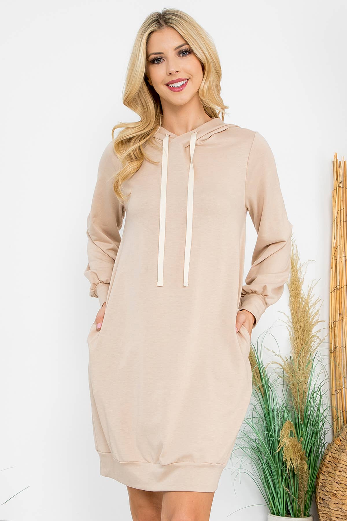You & Me - Wholesale Dress - Women's - YMD10061V-FRENCH TERRY LONG PUFF SLEEVE HOODIE DRESS17