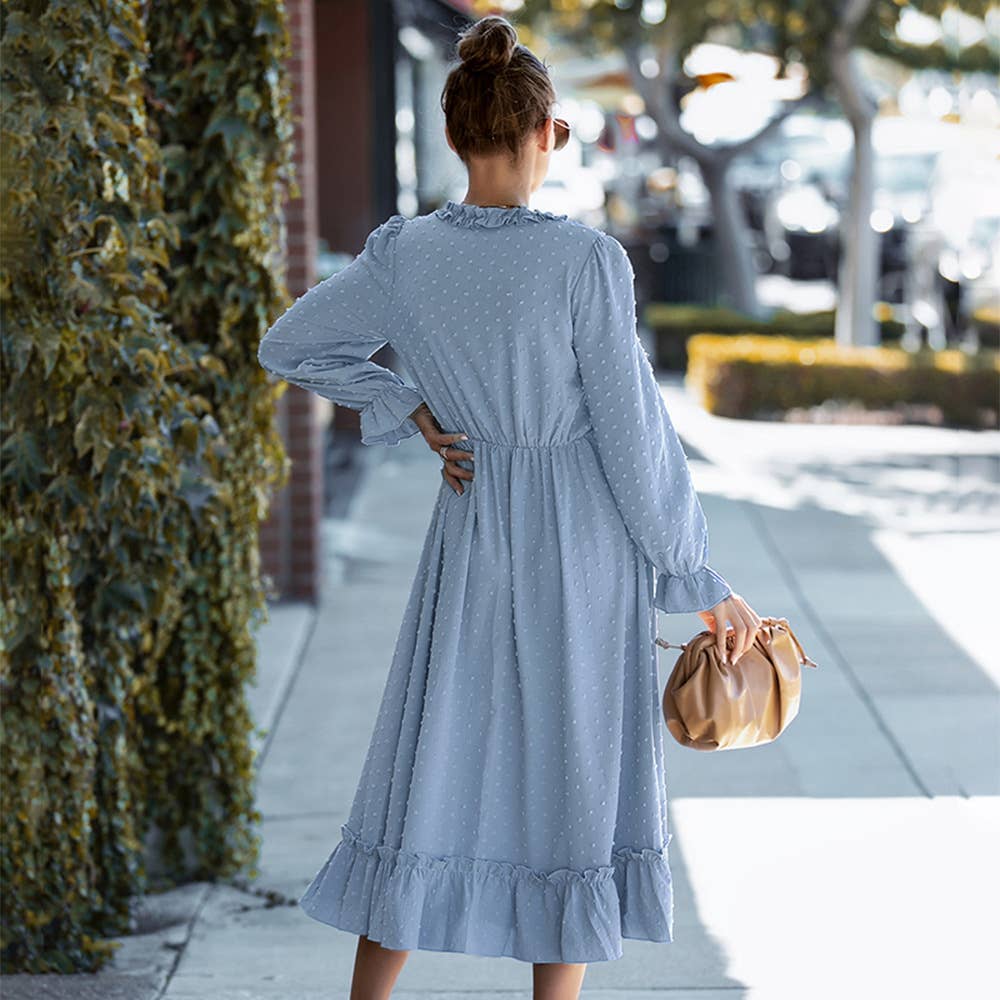 ePretty - Wholesale Dress - Women's - G11-DR43097C Swiss Dots Ruffle Trim Midi Dress1