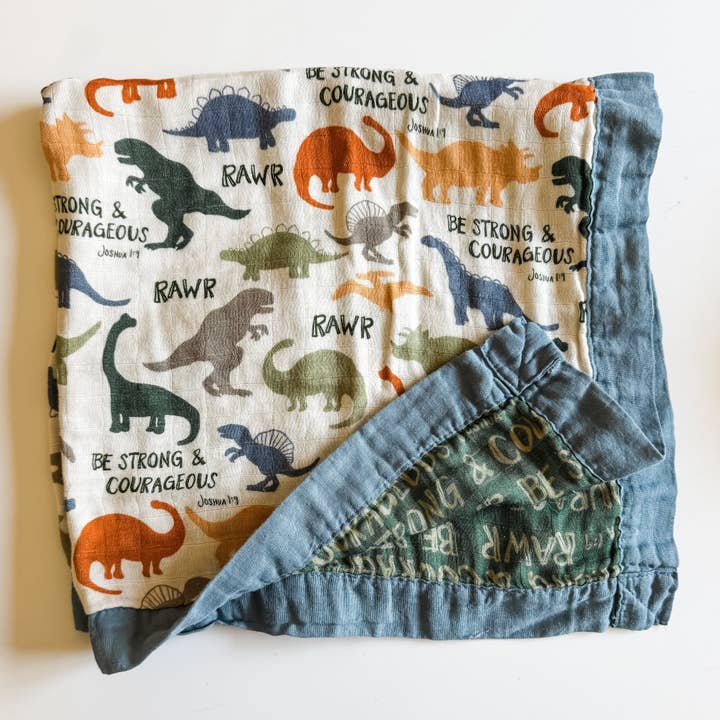 Dinosaurs "Be Strong and Courageous" Luxury Double Sided Muslin Catholic Blanket for wholesale by The Little Rose Shop