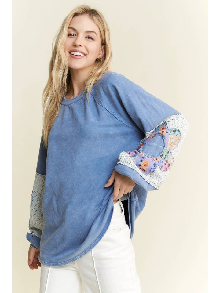 J.Her - Wholesale Sweatshirt - Women's - MineralWash Floral Patched sleeve Terry Sweatshirt HT6063.