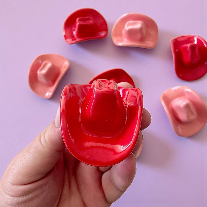 Small Ceramic Cowboy Hat Home Decor Vase - Bright Red Glaze for wholesale by Mudpuppy Ceramic Studio