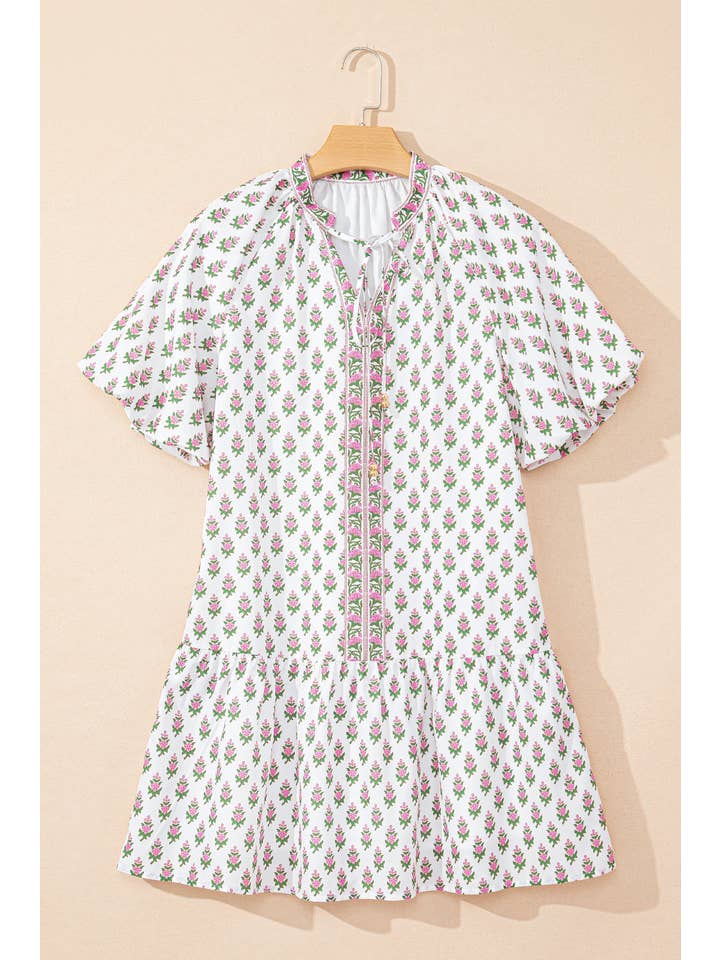 Pink Floral Ruffle Bubble Sleeve Spring Dress for wholesale on Faire
