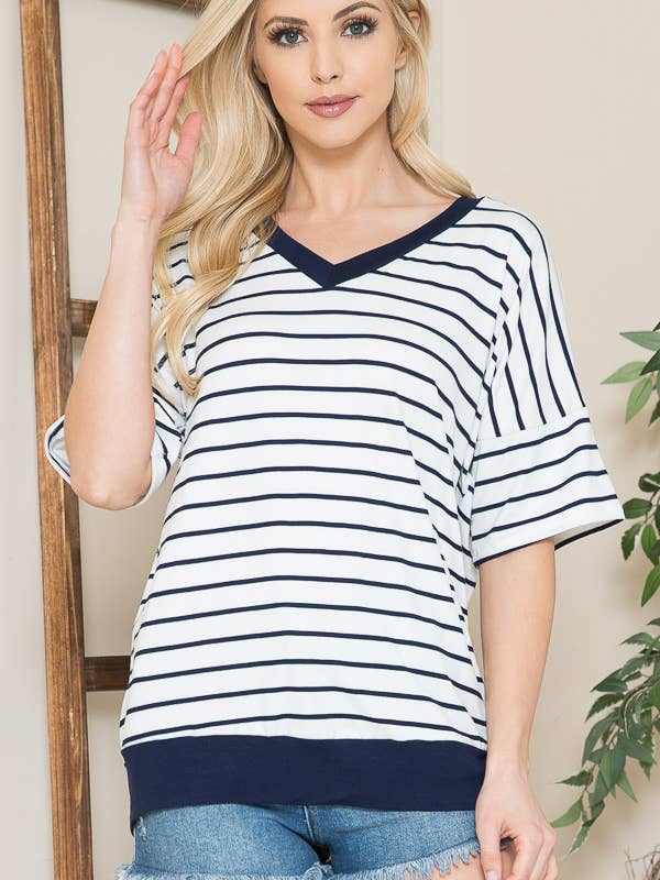 STRIPE V-NECK SHORT SLEEVE TUNIC TOP for wholesale by Burgundy Apparel