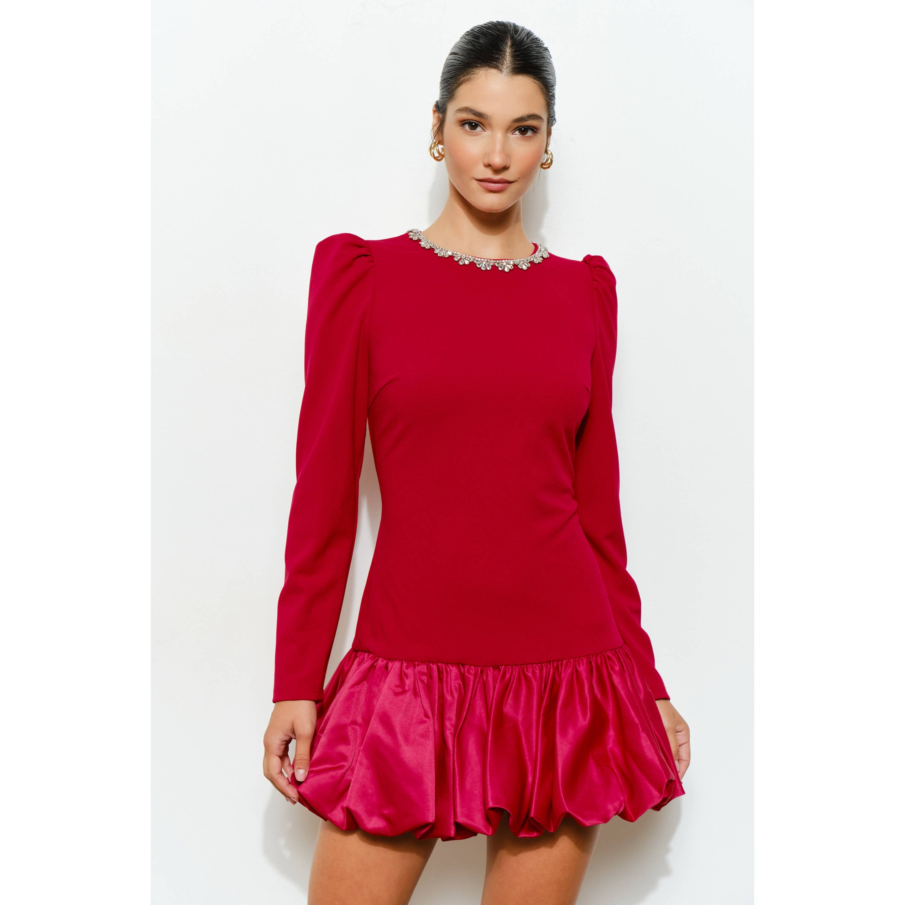 INA - Wholesale Dress - Women's - Jewel-Embellished Puff-Sleeve Bubble Mini Dress8