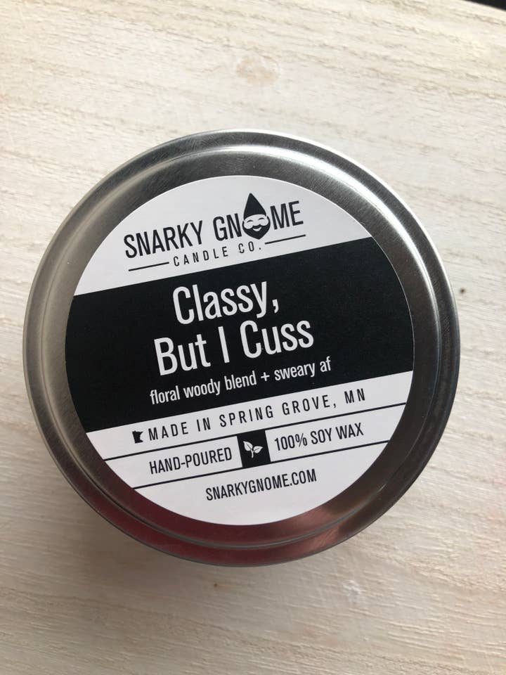 CLASSY, BUT I CUSS Snarky 8 oz. Soy Candle Tin for wholesale by SNARKY GNOME