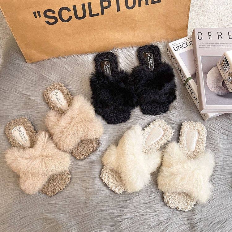 Dipped Shop - Wholesale Slippers - Women's - Simple Open Toe Cross Faux Fur Warm Slippers DP25G4683