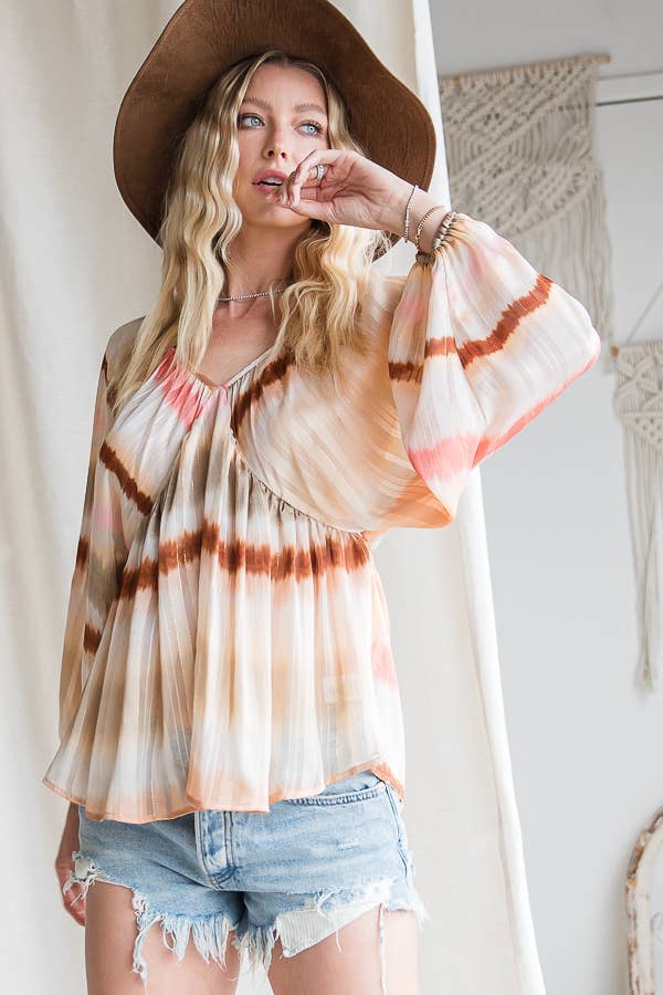 BLUSH CAMEL T1190-1C OUTLET SALE Ombre Lurex Chiffon Babydoll Blouse Top for wholesale on Faire14