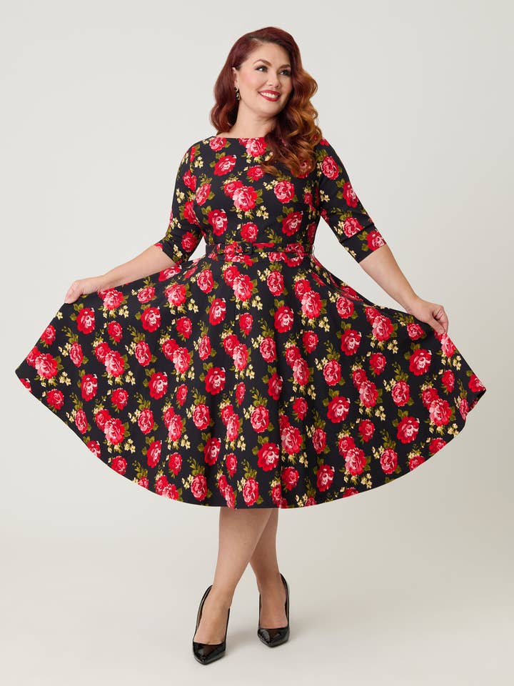 Unique Vintage Plus Size Black & Red Cabbage Rose Devon Swing Dress for wholesale by Unique Vintage