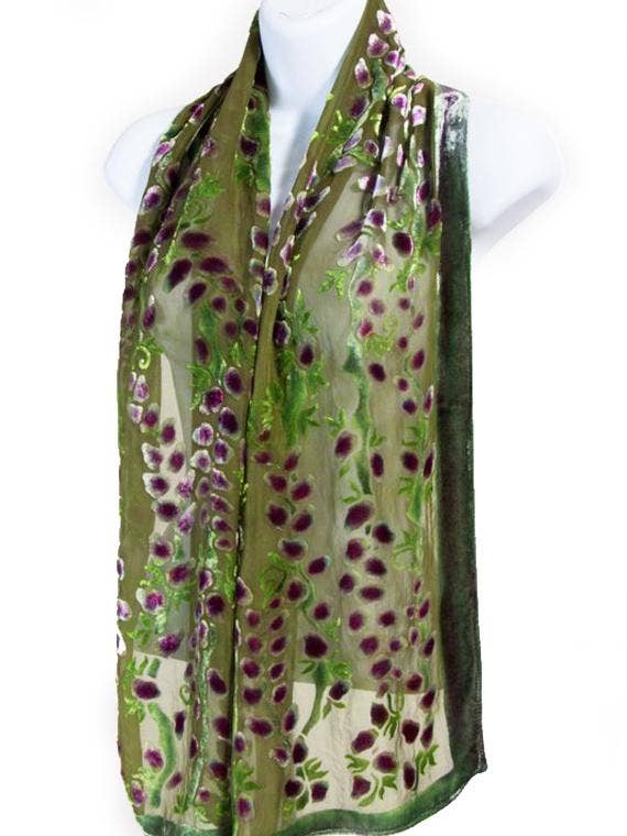 Burnout Velvet Scarf with Willows pattern in Olive Green for wholesale by Sherit Levin Textiles