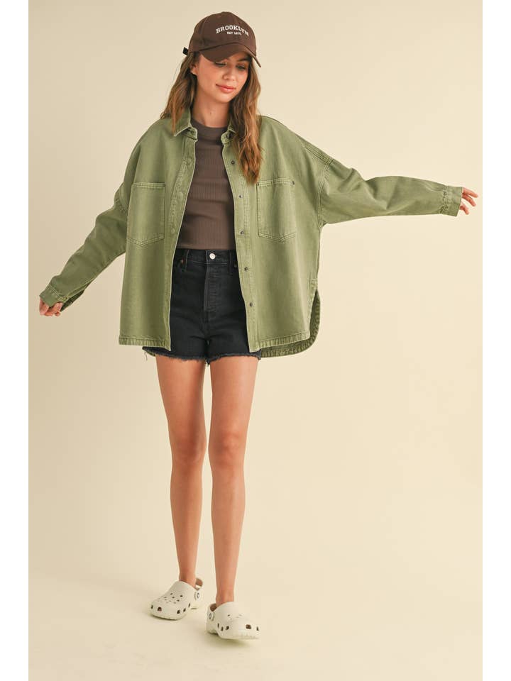 MIOU MUSE - Wholesale Jacket - Women's - J5364 WASHED SNAP BUTTON DENIM SHACKET