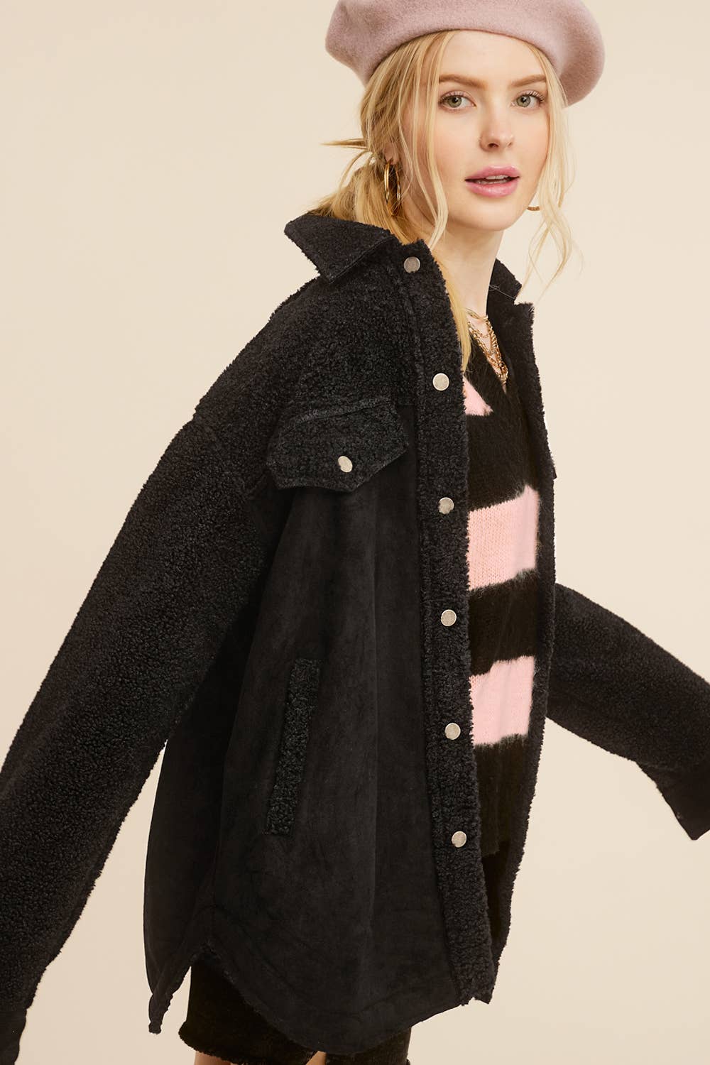 La Miel - Vente Veste – femme - JKT1790 - Veste boutonnée surdimensionnée en faux daim avec poches11