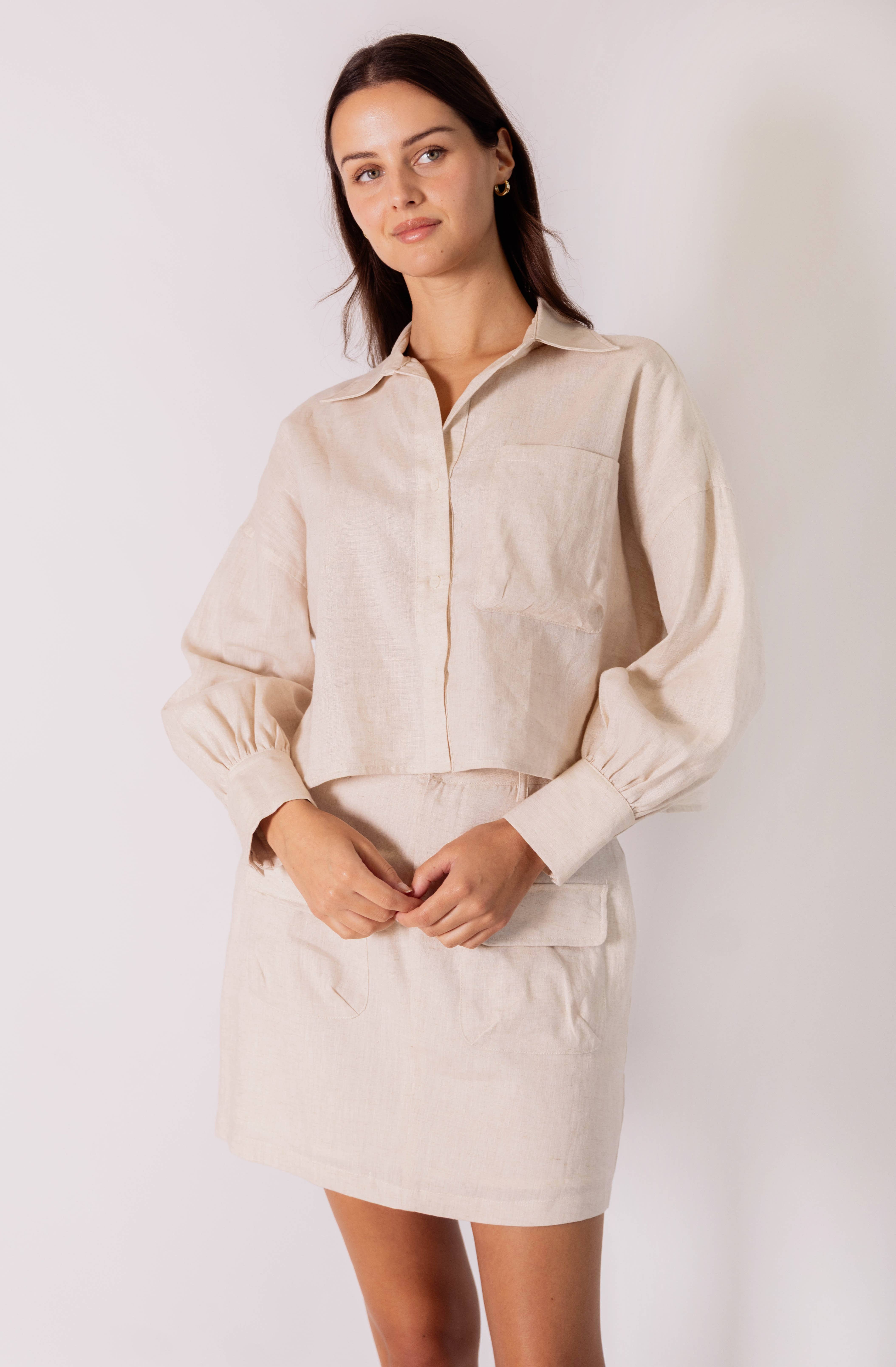 Natural P.CILL 100% Linen Cropped Button Up Shirt for wholesale on Faire