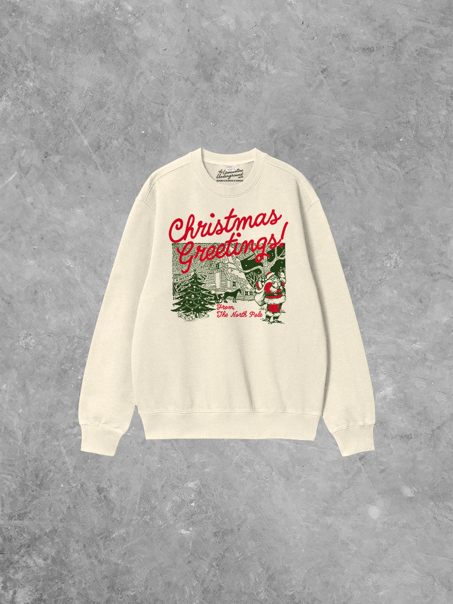 The Clandestine Underground - Wholesale Graphic Sweatshirt - Unisex - Christmas Greetings! North Pole Boxy Cotton Sweatshirt1