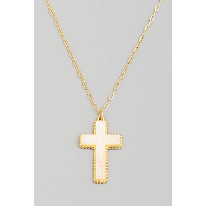 Druzy Stone Cross Pendant Necklace for wholesale by The Looks by Fame Accessories