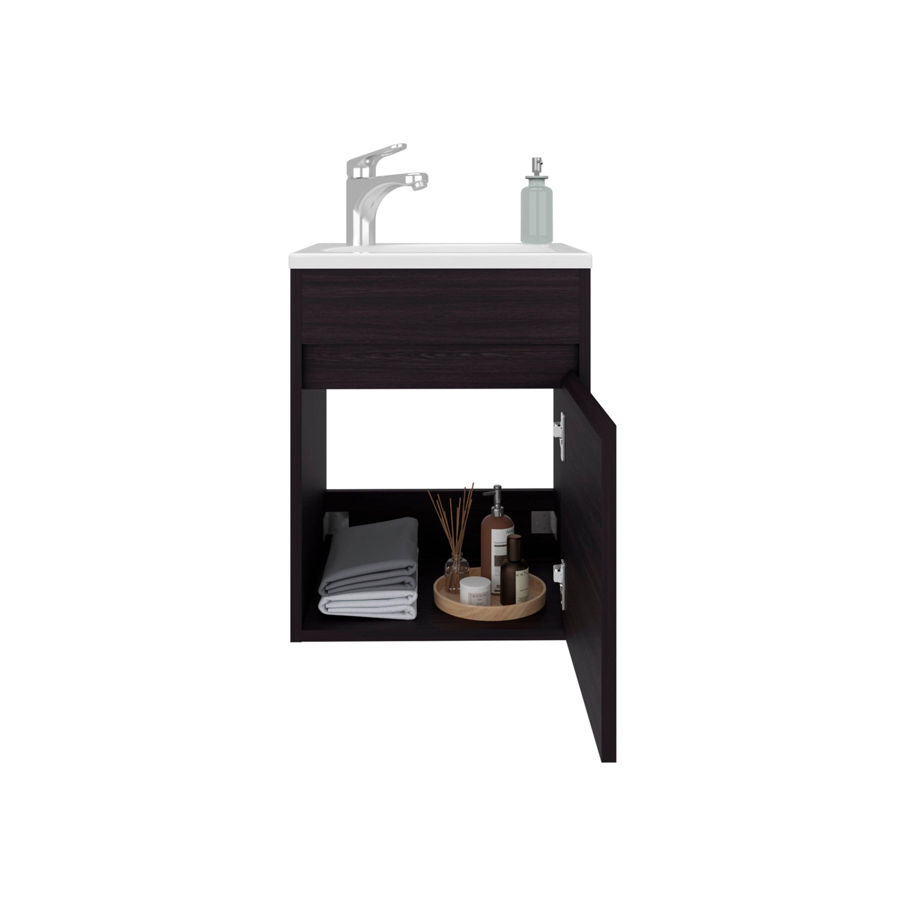 Black Furman Bathroom Vanity With Single Door And Open Shelf, Compact Freestanding Sink Base Cabinet for wholesale on Faire2