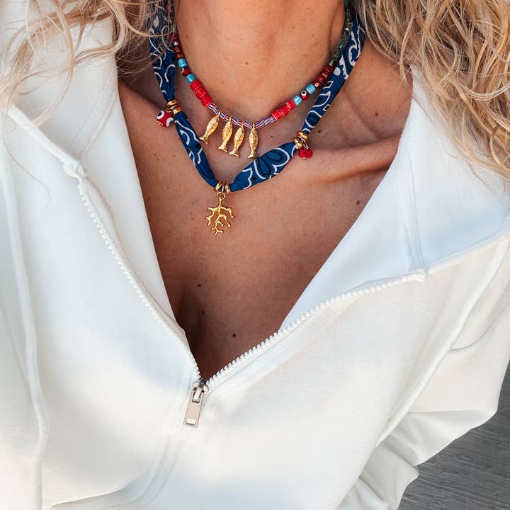 Goupi - Wholesale Beaded/Pearl Necklace - Bohemian blue bandana scarf & colorful beaded fish necklace2