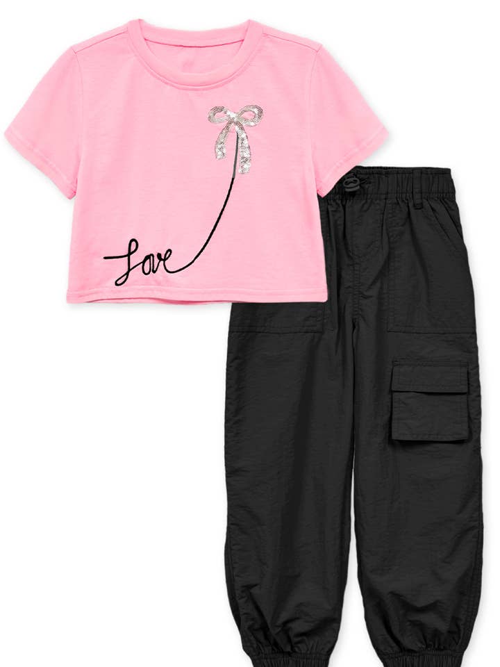 GKSS-Y24-3605A-SS Girl's Top & Pant Set w/ Love & Bow Sequin for wholesale by Cutie Patootie Clothing