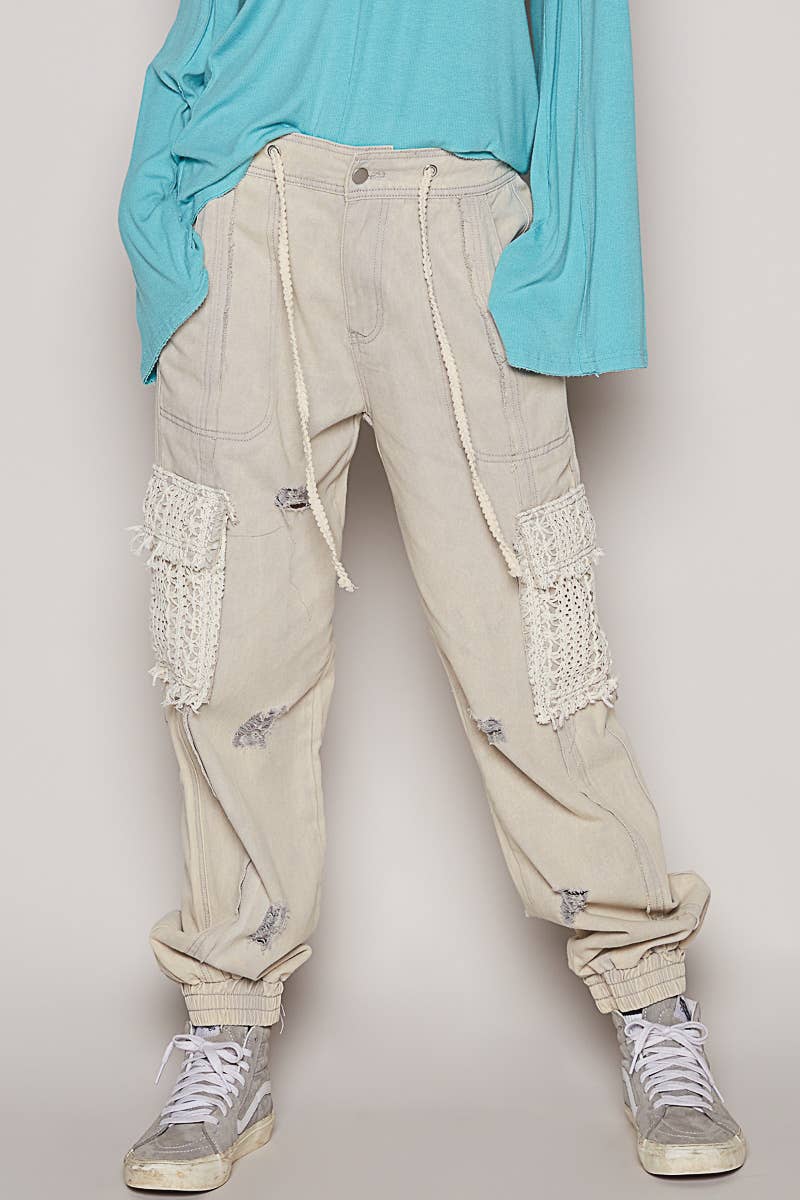 Pol Clothing - Wholesale Jeans - Women's - Tie waistband contrast crochet cargo pockets denim joggers6