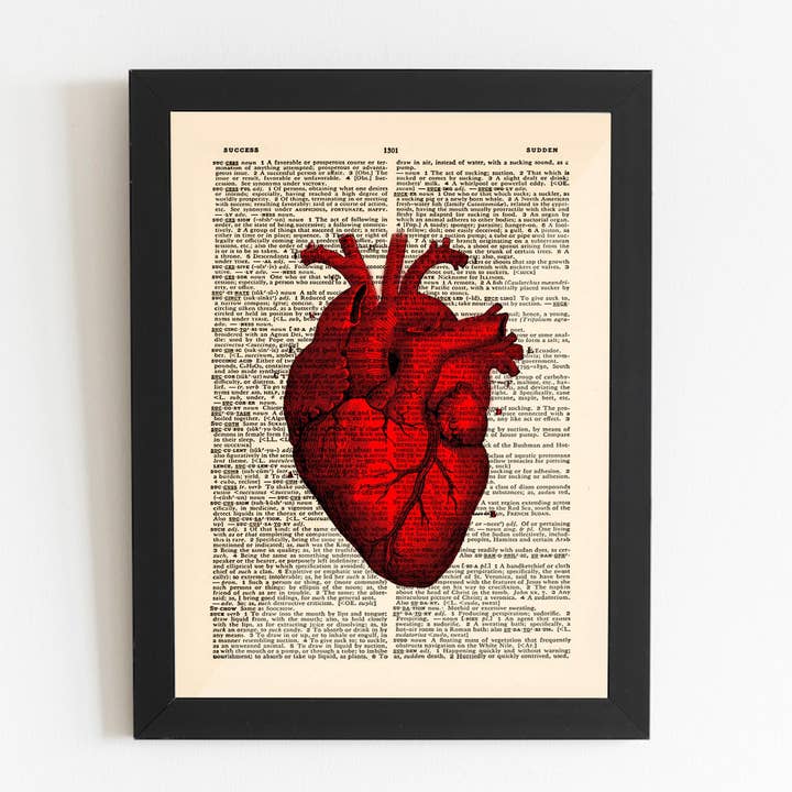 Red Human Heart Anatomy Dictionary Art Print - REAL Dictionary Page from Vintage 1940's dictionary. Blood Red Circulation Science Gifts for wholesale by MakeItM