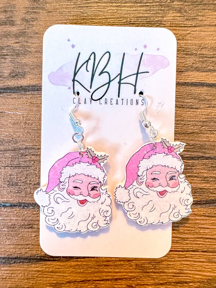 Pink Santa Dangle Clay Earrings for wholesale by KBH CREATIONS