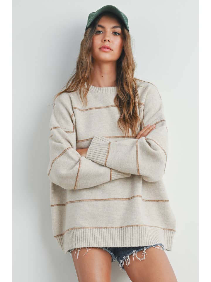 BUTTERMELON - Wholesale Knitted jumper – Women′s - Striped Pattern Drop Shoulder Sweater - BMW742118