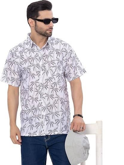 HAPPY BAY Linen Effect Mens Shirts Black Palm Tree P00387 for wholesale by LA LEELA \ HAPPY BAY