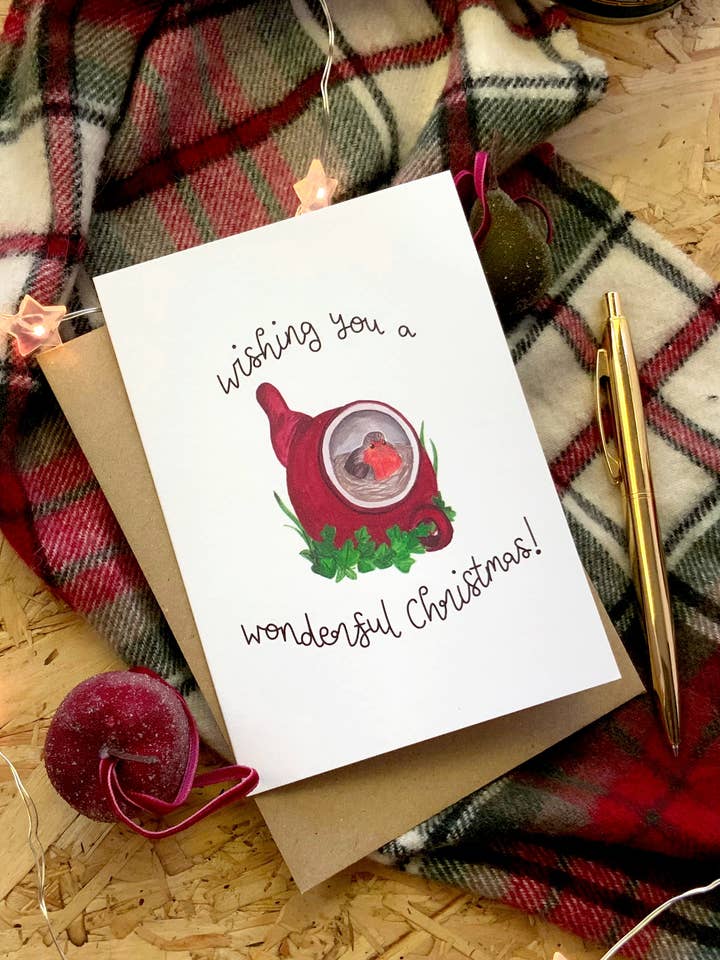 Robin in a Red Teapot Christmas Card for wholesale by This Thursday