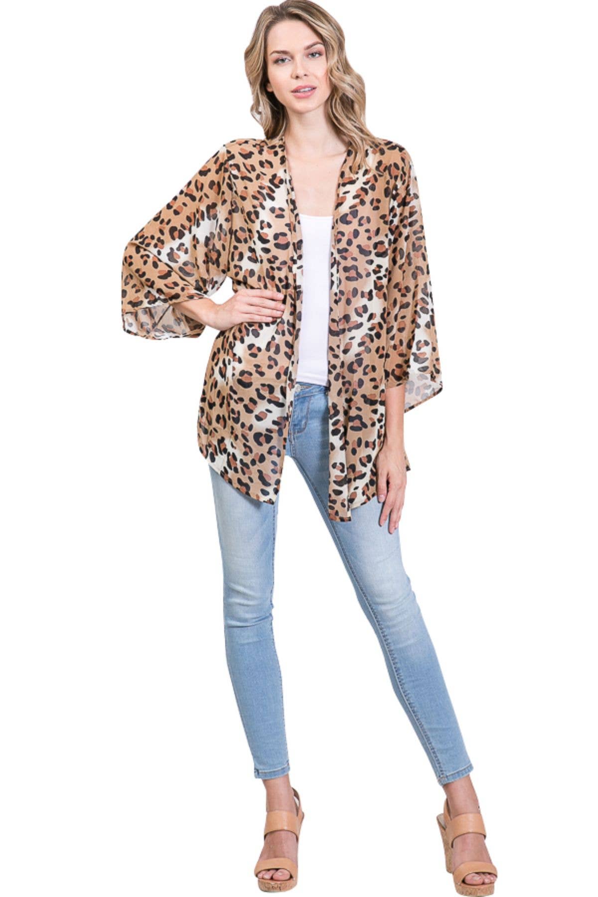 Shop Lev - Vendita all'ingrosso Kimono - Donna - Cardigan oversize in chiffon con maniche a kimono con stampa leopardata leggera4