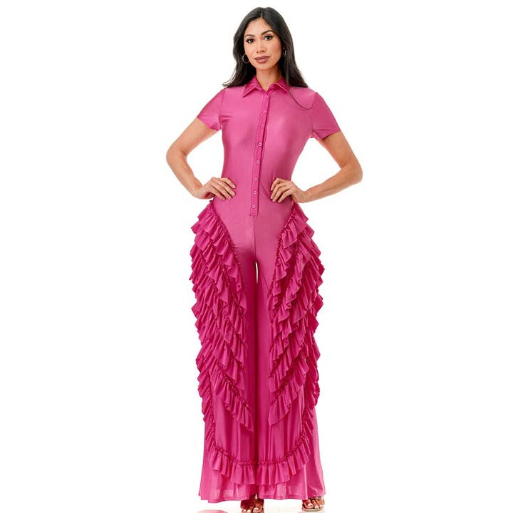 Black Pearl Clothing - Wholesale Jumpsuit - Women's - Front Button Closure Ruffle Detail Jumpsuit