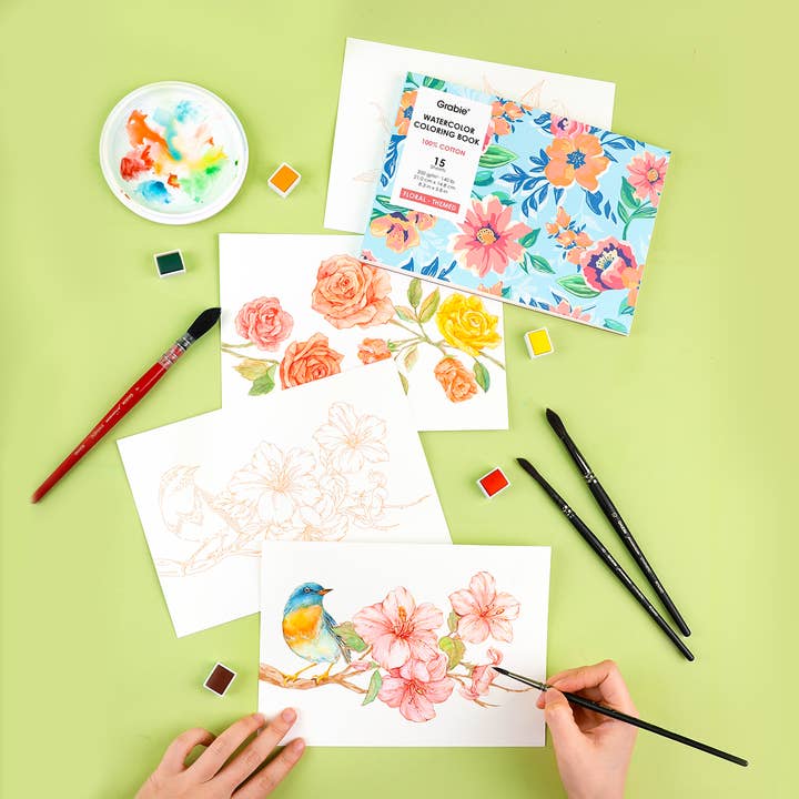 Grabie - Wholesale Coloring Book - Adult - Grabie 15 Sheets 140LB Floral-Themed Watercolor Coloring Book