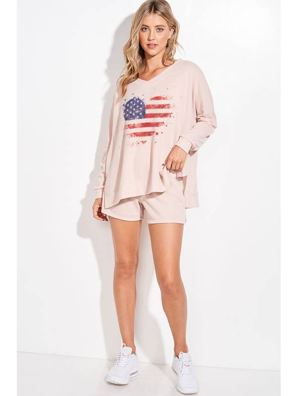 Lemon Tree - Wholesale Lounge Set - Women's - American flag heart v neck loungewear set
