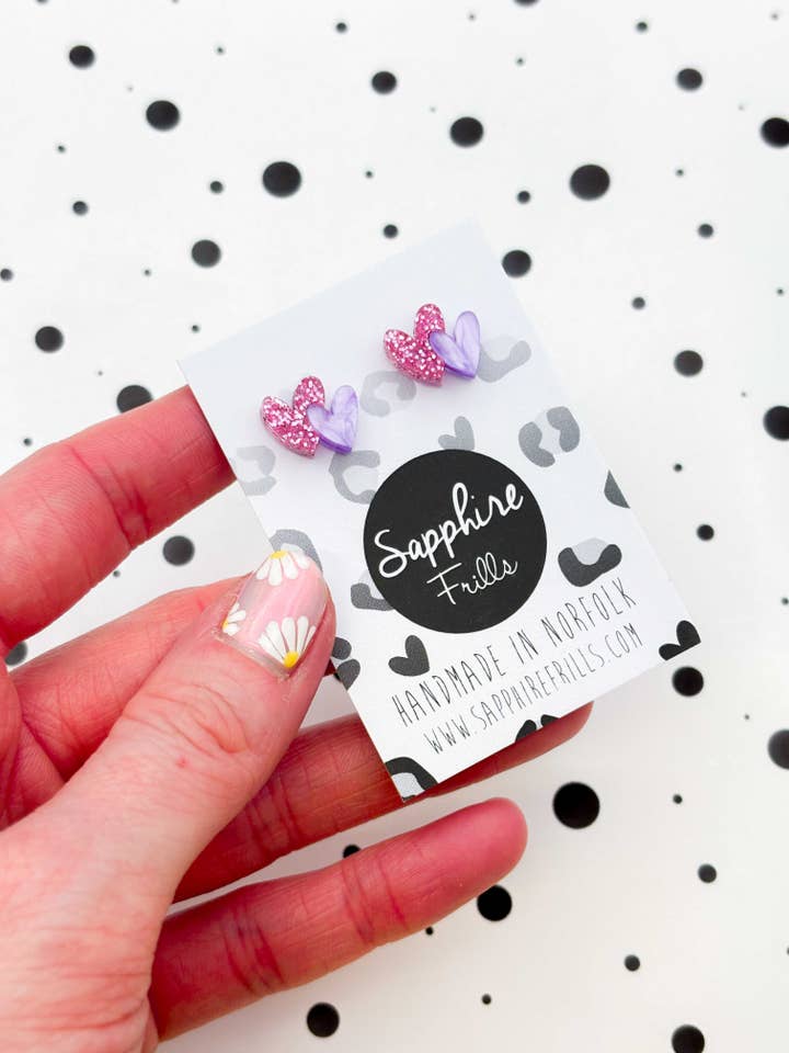 Bubblegum Pink & Lilac Marble Heart Acrylic Stud Earrings for wholesale by Sapphire Frills Ltd