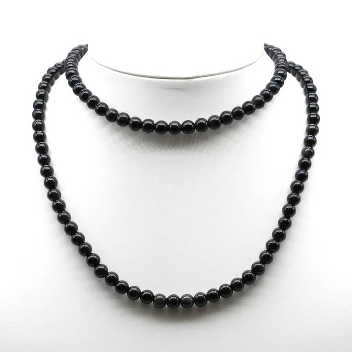 Collana lunga 75 cm Occhio di ossidiana celeste 6 mm con chiusura in acciaio inossidabile argentato per la vendita all'ingrosso da parte di Foliesbijoux