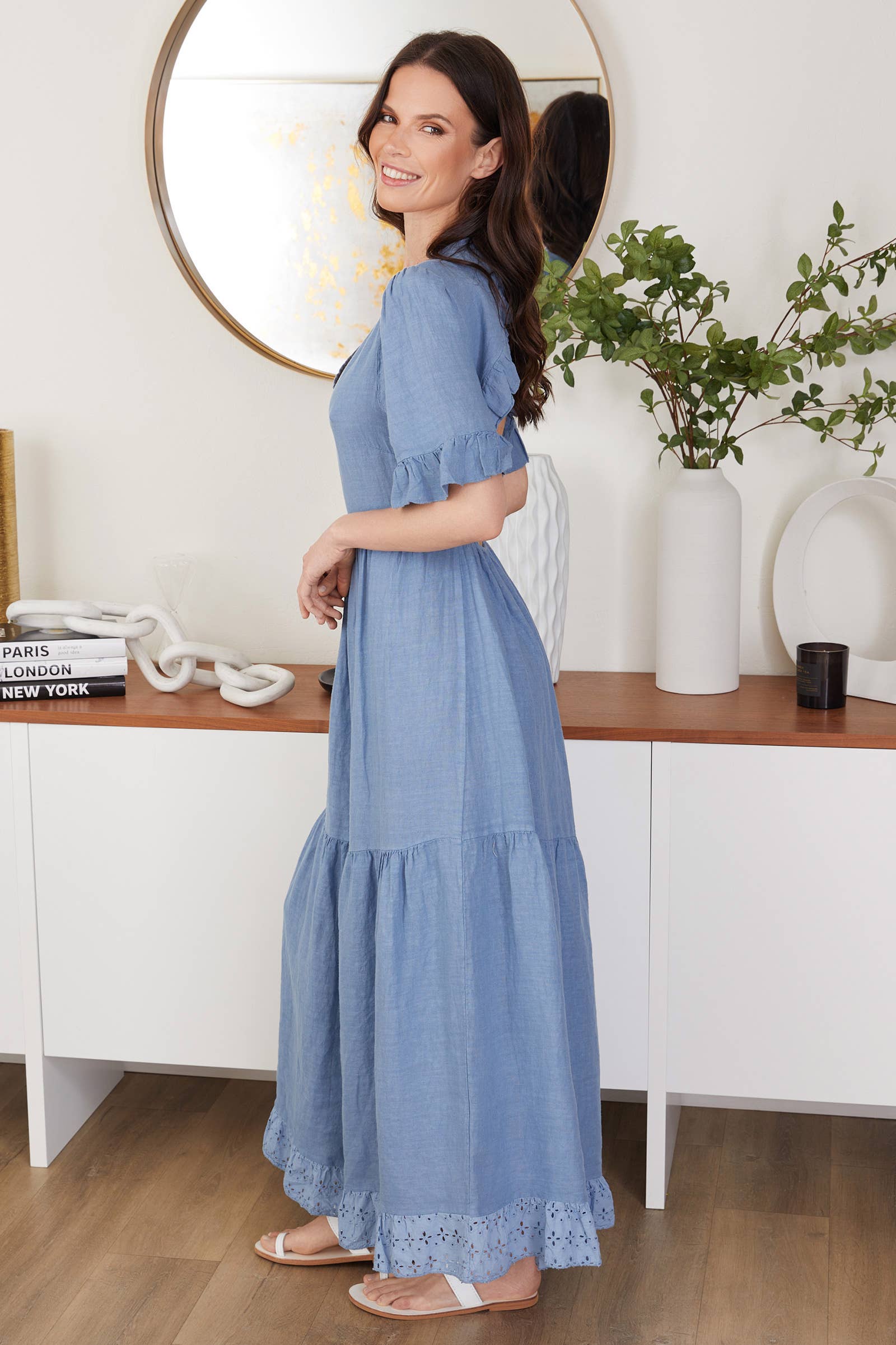 MILIO MILANO – wholesale Dress – Women's – LINEN OPEN BACK TIERED MAXI DRESS (11227/154112-DENIM BLUE)1