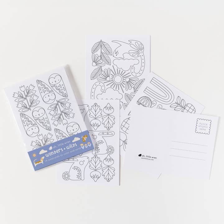 Wonders + Wilds Coloring Postcards | 14 Illustrated Art Card for wholesale by oh, little wren