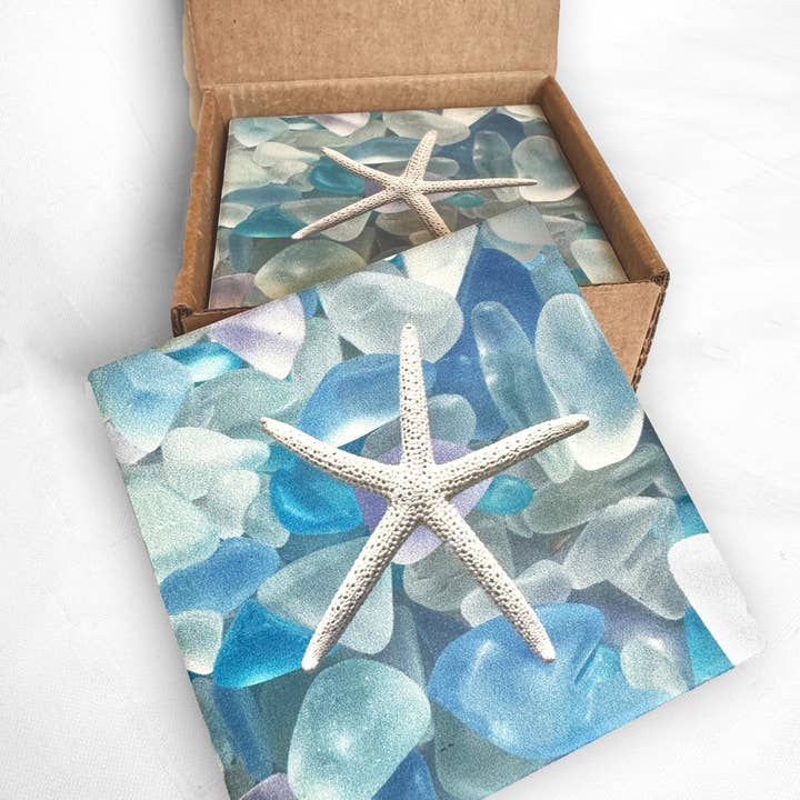 LISART LLC - Wholesale Coasters - 4" Sea Glass & Starfish coaster 1