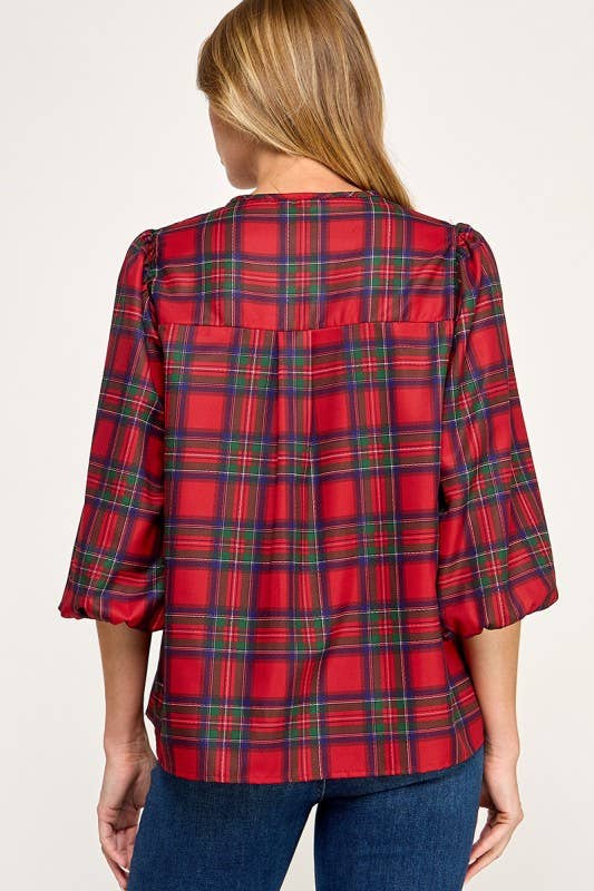 MintChoco - Wholesale Screen Printed T-Shirt - Women's - Plaid Holiday tie front blouse5