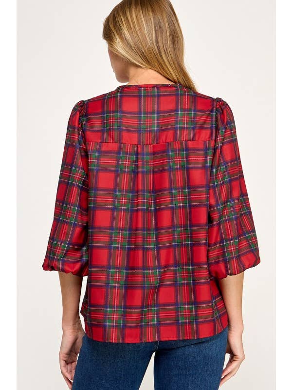 MintChoco - Wholesale Screen Printed T-Shirt - Women's - Plaid Holiday tie front blouse5