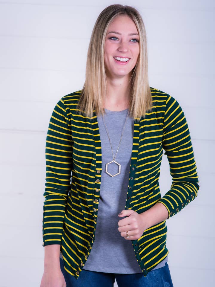 Vivette Apparel - Wholesale Cardigan - Dames - Snap Cardigan - Groen/gouden Gameday Stripe0