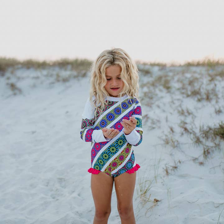 Oopsie Daisy - Wholesale One Piece Swimsuit - Kids - Kids Bright Mandala Stripe Zip Rash Guard One Piece Swimsuit