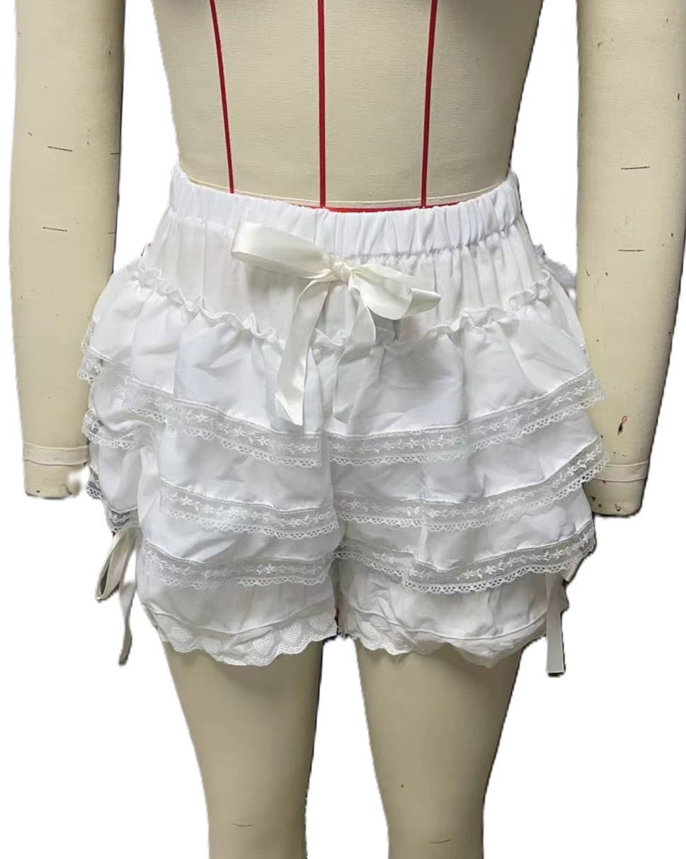 Rosa Clothing - Wholesale Shorts - Women's - Bow Embellished Cake Layered Lace Culottes4