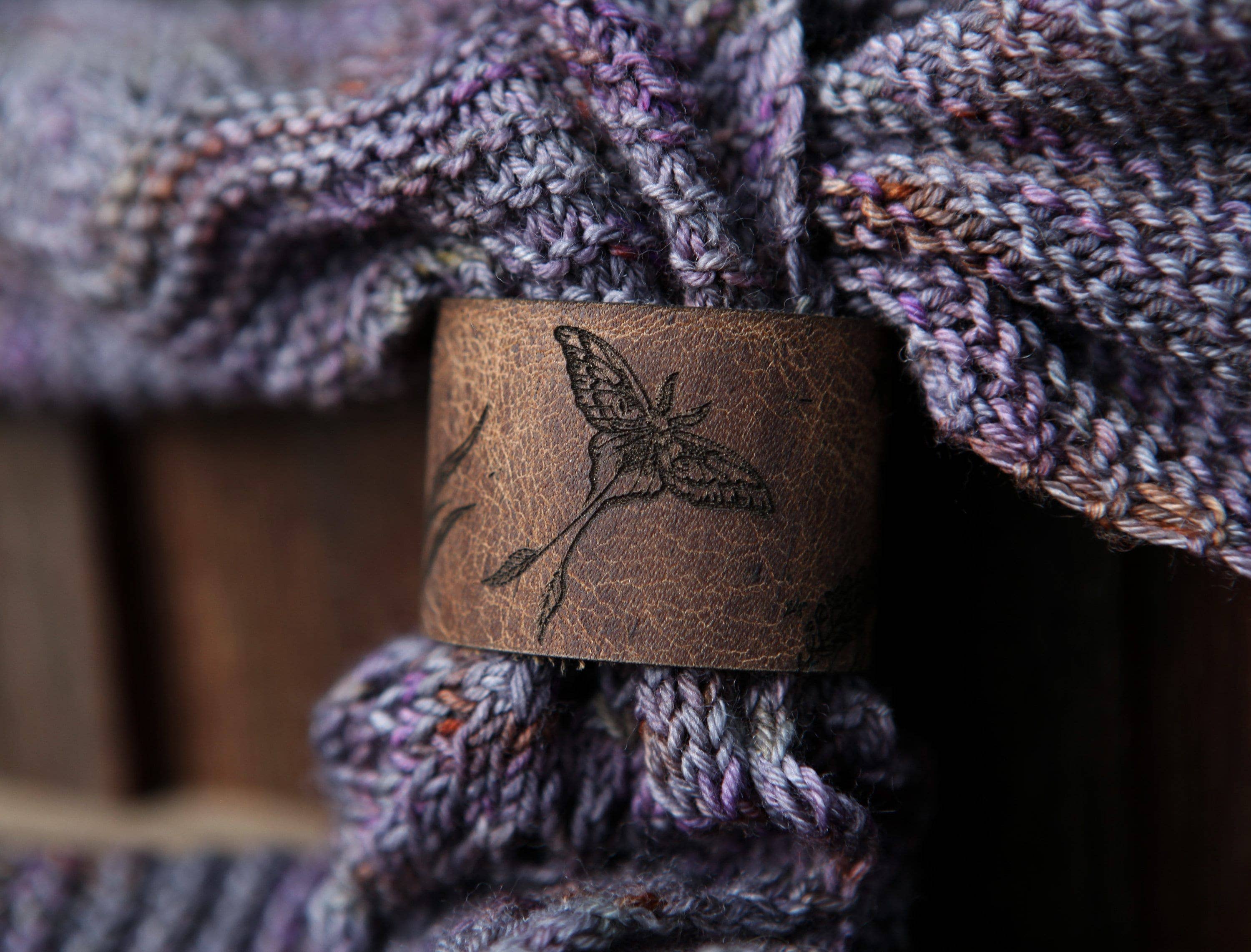 Sunrise Grove - Wholesale Scarf Clip - Women's - Luna Moth Moon & Stars Leather Shawl Cuff with Bronze Stud1