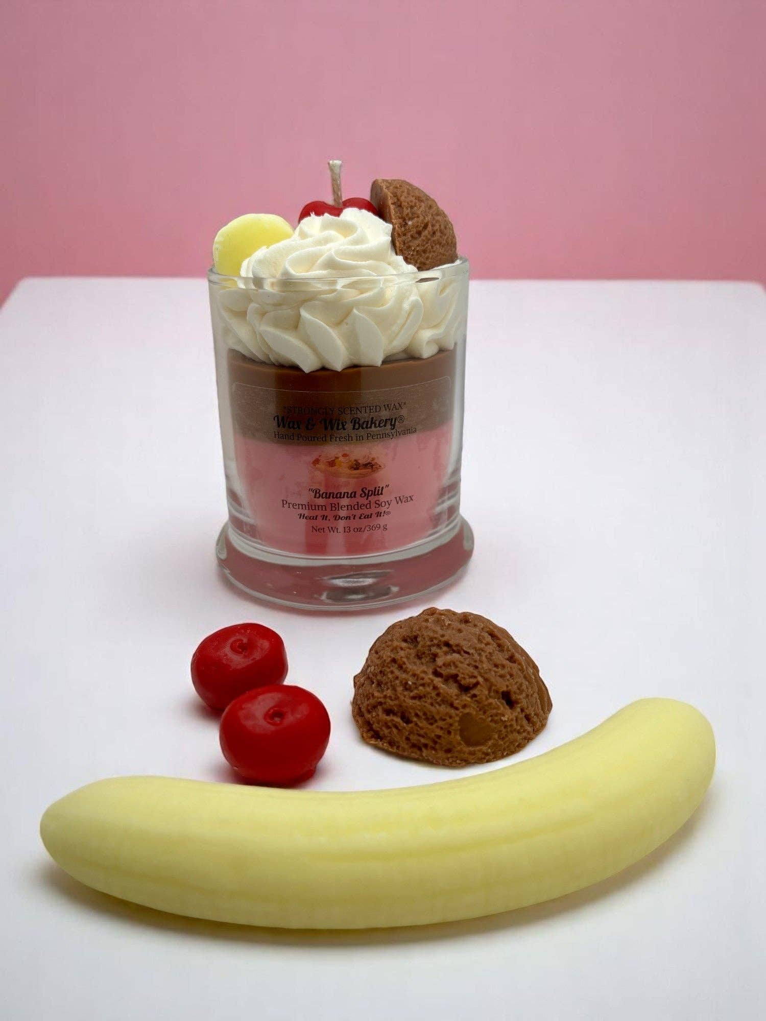 Wax and Wix Bakery® - Wholesale Jar/Filled Candle - Banana Split Candle.13 oz. Large Soy Dessert Candle1