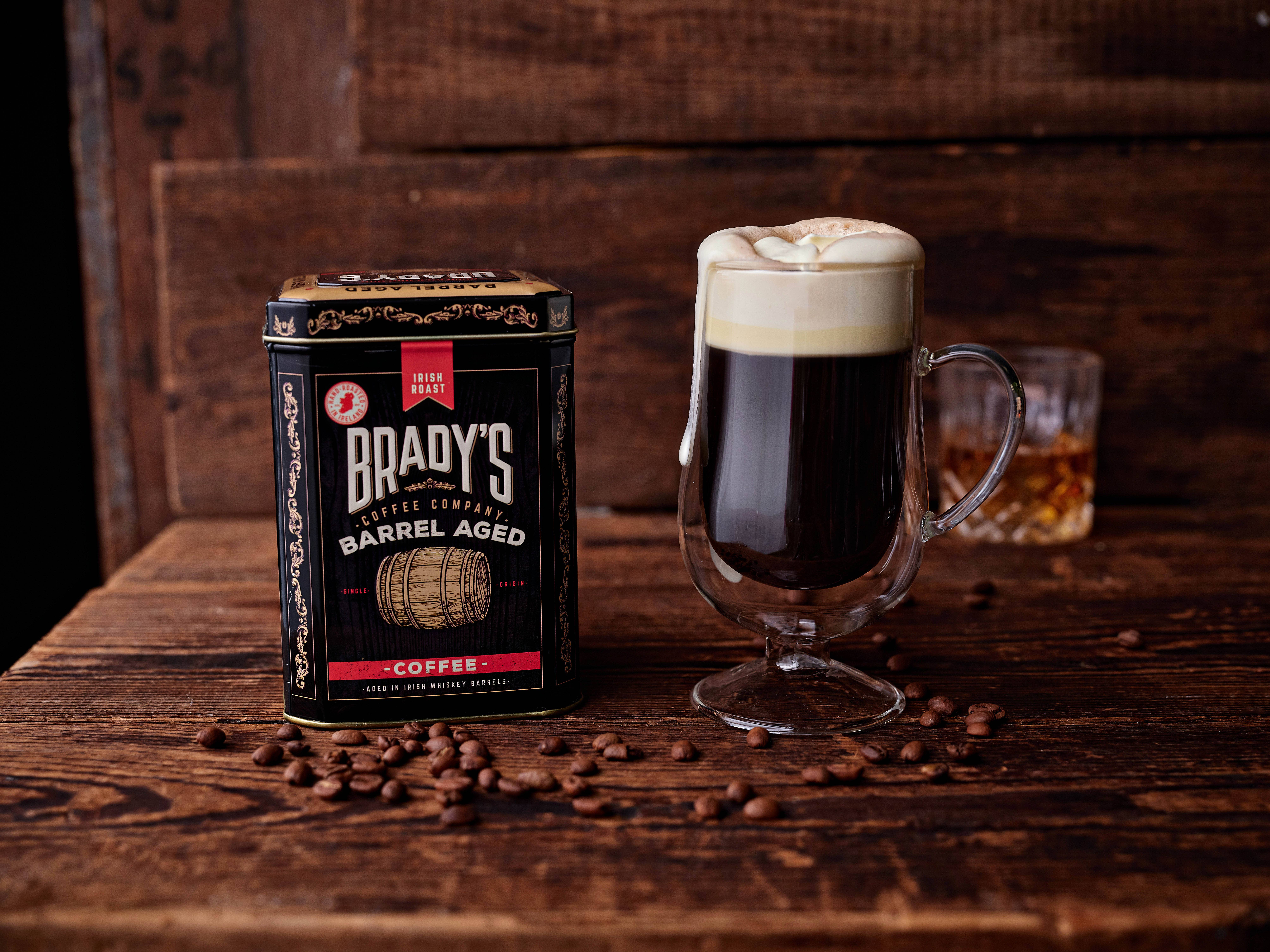 Brady's Coffee Company – Café moído por atacado – Brady's Café Irlandês com Whiskey Envelhecido em Barril, Café Moído em Lata