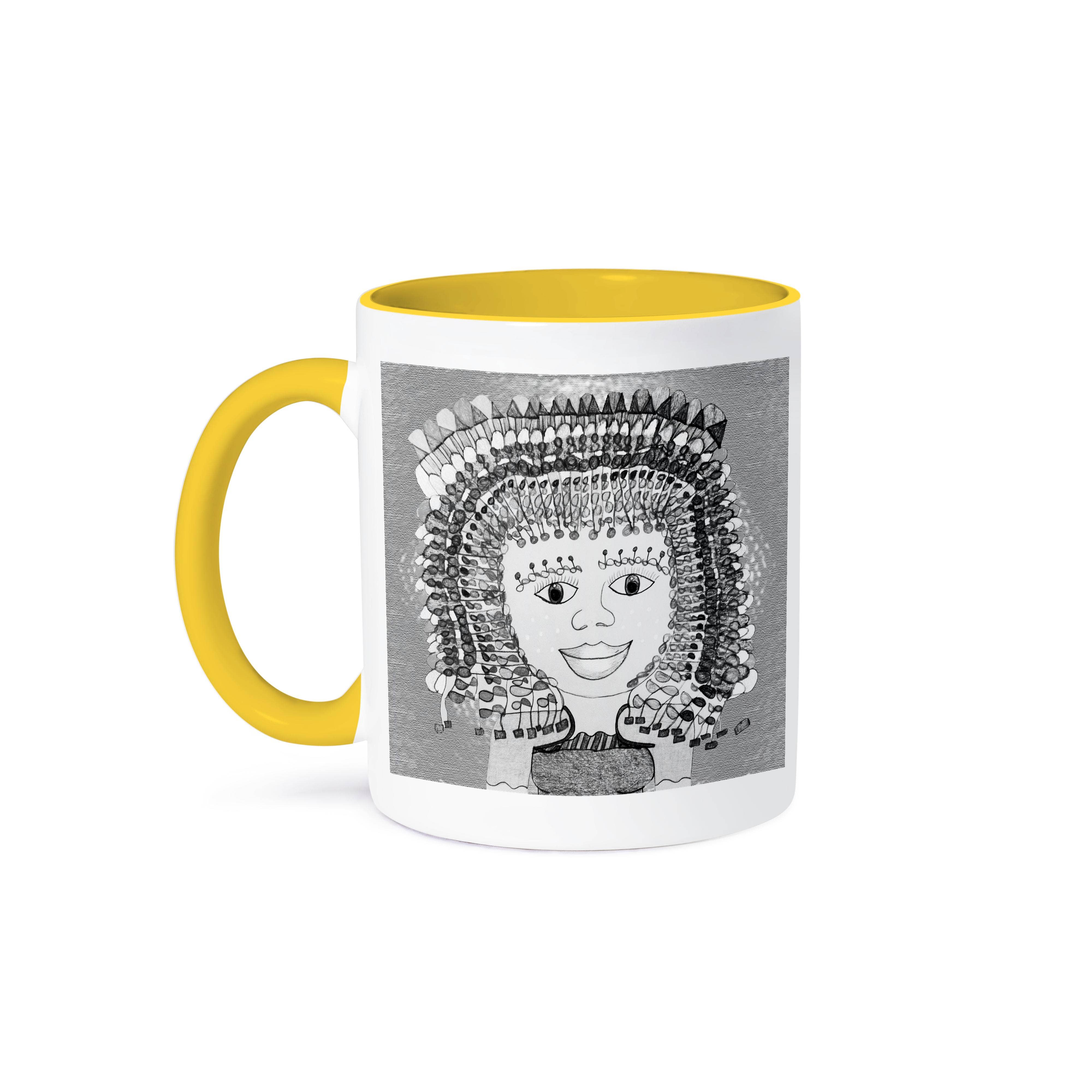 3dRose - Wholesale Coffee Mug - 3dRose, Beads all over in a hairdo unsaturated wth curly eybrows on a girl, Mug0