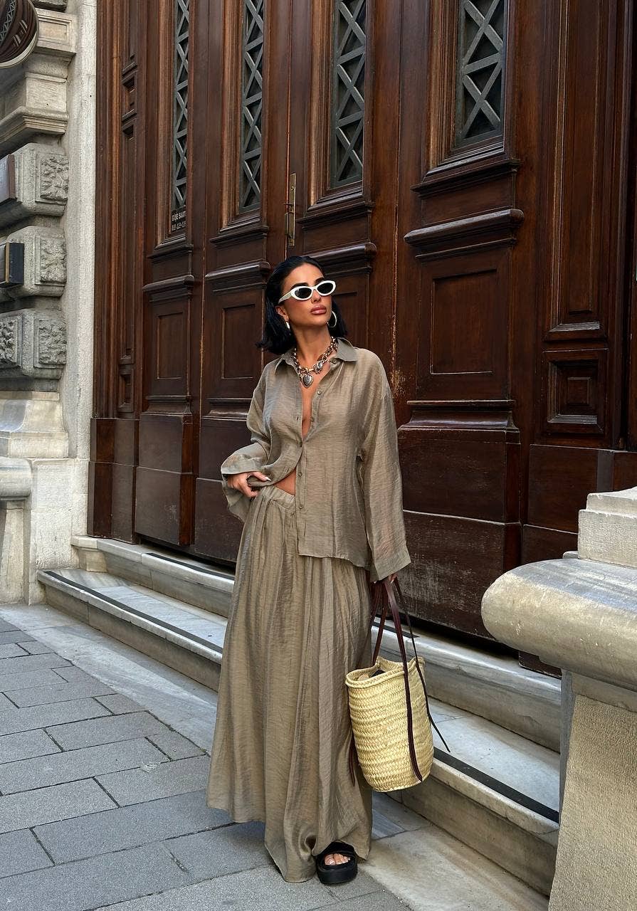 Design company-Fatma Balkir - Vendita all'ingrosso Completo top e gonna - Donna - Set di gonna maxi in raso con cintura in vita e camicia a maniche lunghe7